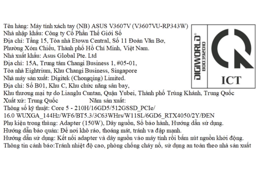 Laptop Asus Gaming V16 V3607VU - RP343W (Core 5 210H, 16GB, 512GB, RTX 4050 6GB, WUXGA 144Hz, Win11) - 16