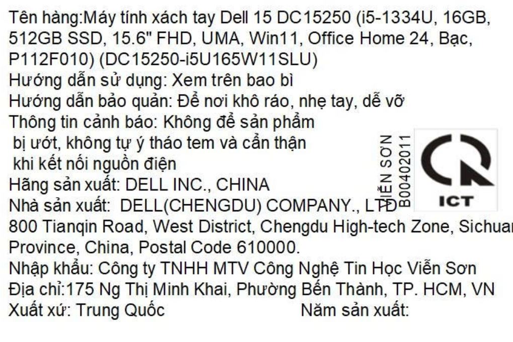 Laptop Dell 15 DC15250 - DC15250-i5U165W11SLU (i5 1334U, 16GB, 512GB, Full HD 120Hz, OfficeH24+365, Win11) Màu Bạc