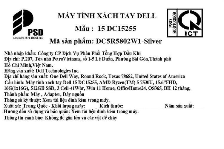 Laptop Dell 15 DC15255 - DC5R5802W1 (R5 7530U, 16GB, 512GB, Full HD 120Hz, OfficeH24+365, Win11) Màu Bạc