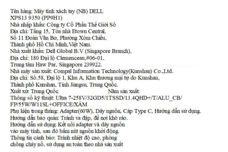 Laptop Dell XPS 13 9350 - PP9H1 (Ultra 7 258V, 32GB, 1TB, 2.5K+ 120Hz, Cảm ứng, OfficeH24+365, Win11) Màu Xám