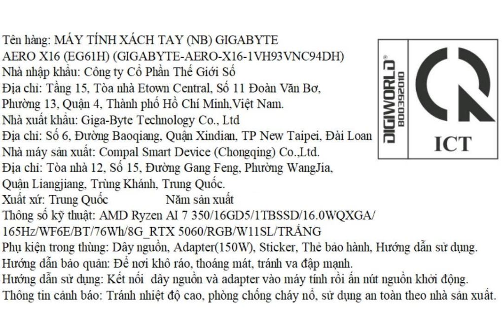 Laptop GIGABYTE Gaming AERO X16 - GIGABYTE-AERO-X16-1VH93VNC94DH (R7 AI 350, 16GB, 1TB, RTX 5060 8GB, WQXGA 165Hz,Win11) Màu Trắng