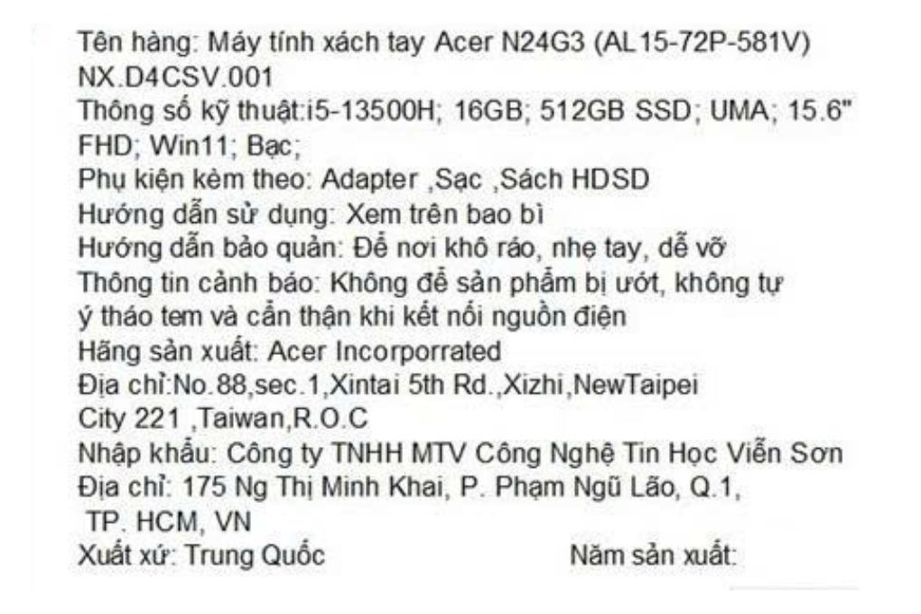Laptop Acer Aspire Lite 15 AL15 72P 581V - NX.D4CSV.001 (i5 13500H, 16GB, 512GB, Full HD, Win11) Màu Bạc