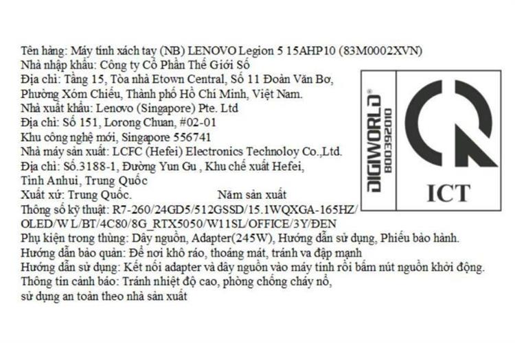 Laptop Lenovo Gaming Legion 5 15AHP10 - 83M0002XVN (R7 260, 24GB, 512GB, RTX 5050 8GB, WQXGA OLED 165Hz,OfficeH24, Win11) Màu Đen