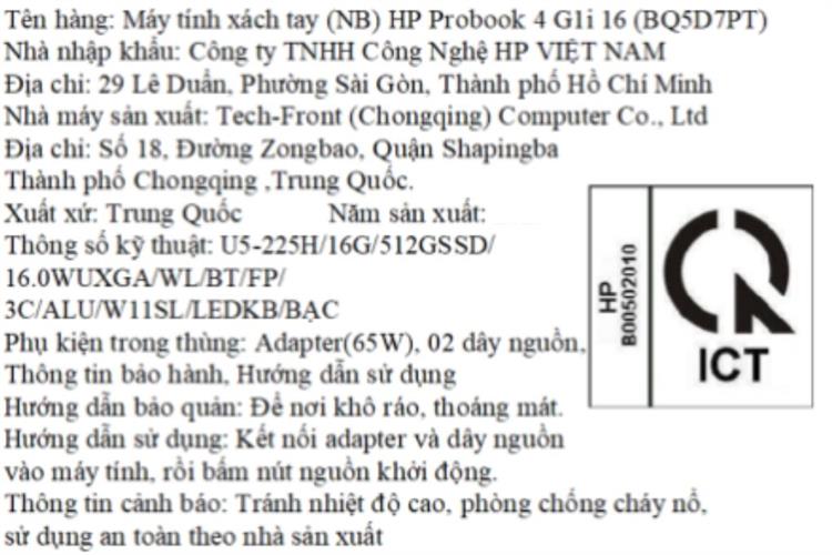 Laptop HP Probook 4 G1i 16 - BQ5D7PT (Ultra 5 225H, 16GB, 512GB, WUXGA, BQ5D7PT) Màu Bạc