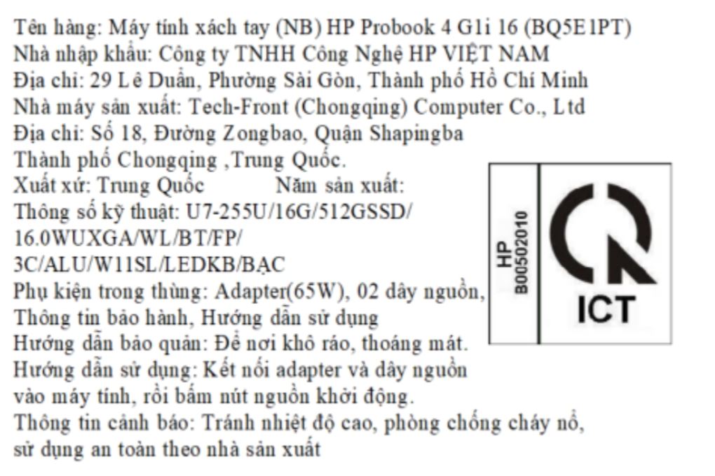 Laptop HP Probook 4 G1i 16 - BQ5E1PT (Ultra 7 255U, 16GB, 512GB, WUXGA, Win11) Màu Bạc