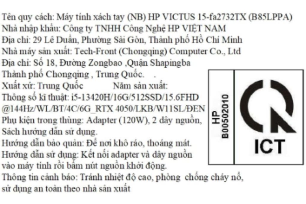 Laptop HP Gaming VICTUS 15 fa2732TX - B85LPPA (i5 13420H, 16GB, 512GB, RTX 4050 6GB, Full HD 144Hz, Win11) Màu Đen