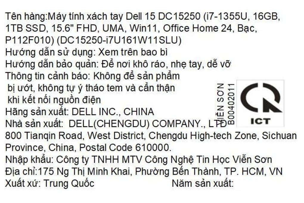 Laptop Dell 15 DC15250 - DC15250-i7U161W11SLU (i7 1355U, 16GB, 1TB, Full HD 120Hz, OfficeH24+365, Win11) Màu Bạc