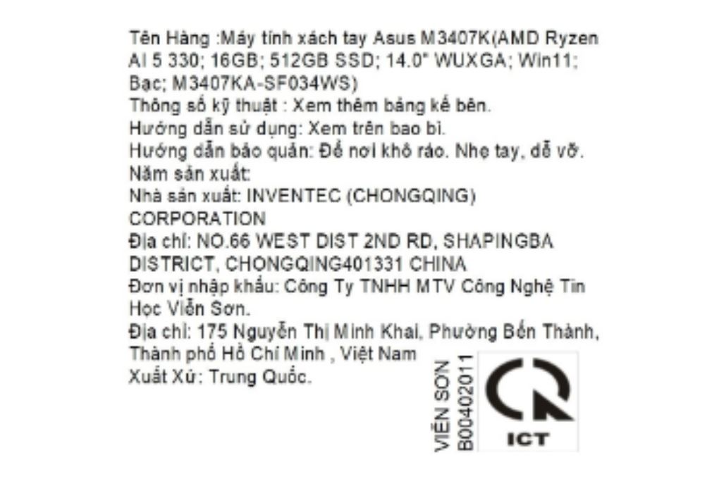 Laptop Asus Vivobook S14 M3407KA - SF034WS (R5 AI 330, 16GB, 512GB, WUXGA OLED, OfficeH24+365, Win11) Màu Bạc
