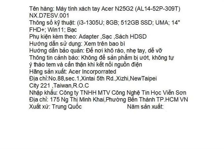 Laptop Acer Aspire Lite 14 AL14 52P 309T - NX.D7ESV.001 (i3 1305U, 8GB, 512GB, Full HD+, Win11) Màu Bạc