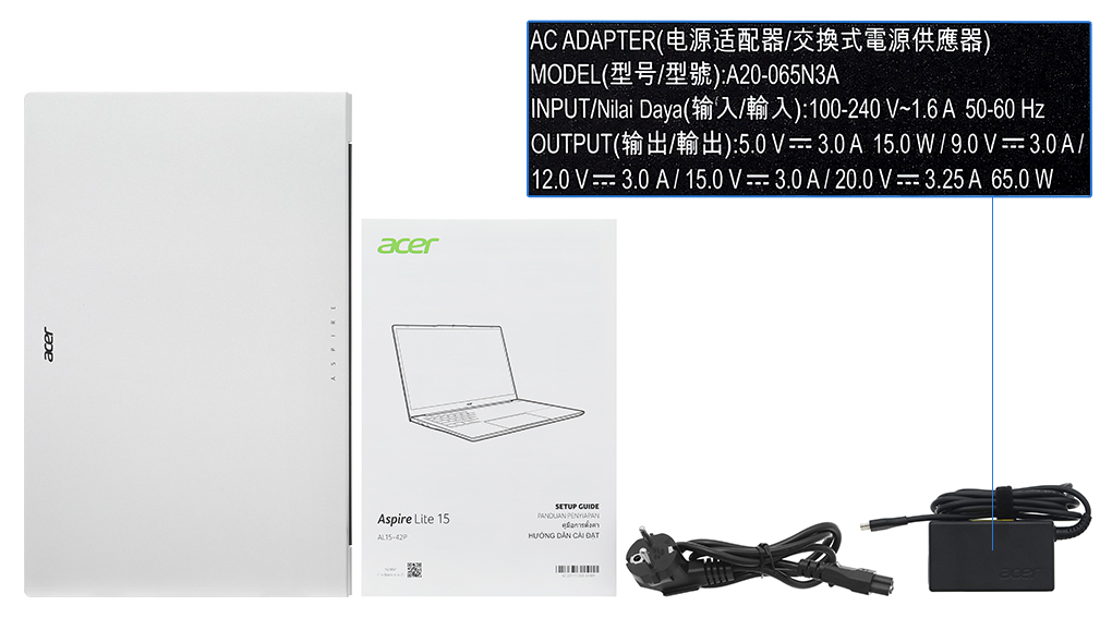 Bộ sản phẩm gồm: Sách hướng dẫn, Thùng máy, Sạc Laptop Acer ( 65W )