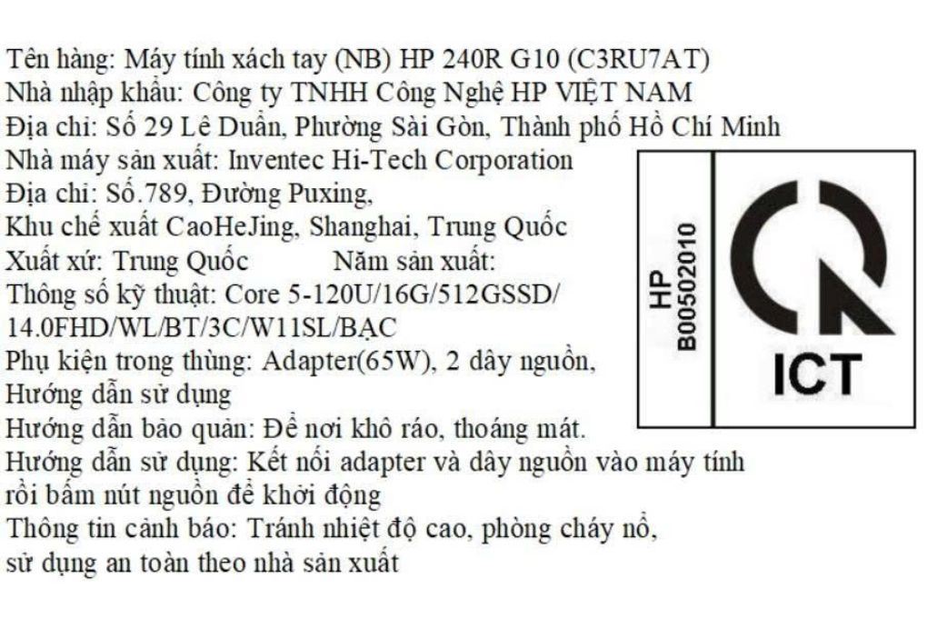 Laptop HP 240R G10 - C3RU7AT (Core 5 120U, 16GB, 512GB, Full HD, Win11) Màu Bạc