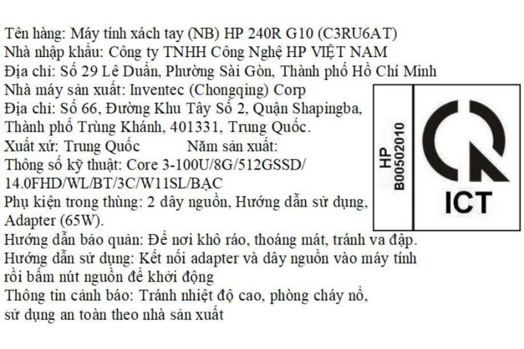 Laptop HP 240R G10 - C3RU6AT (Core 3 100U, 8GB, 512GB, Full HD, Win11) Màu Bạc