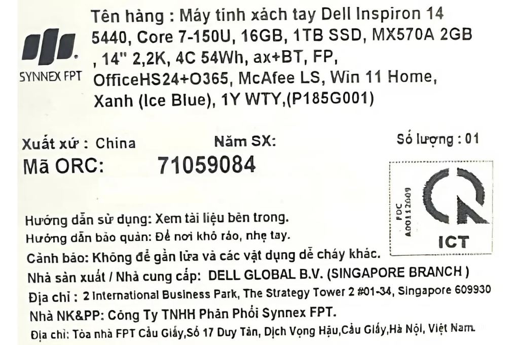 Laptop Dell Inspiron 14 5440 - 71059084 (Core 7 150U, 16GB, 1TB, MX570A 2GB, 2.2K, OfficeH24+365B, Win11) Màu Xanh Dương
