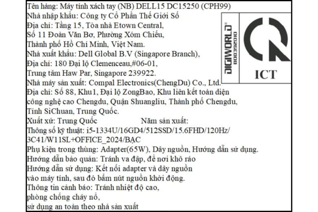 Laptop Dell 15 DC15250 - CPH99 (i5 1334U, 16GB, 512GB, Full HD 120Hz, OfficeH24+365B, Win11) Màu Bạc