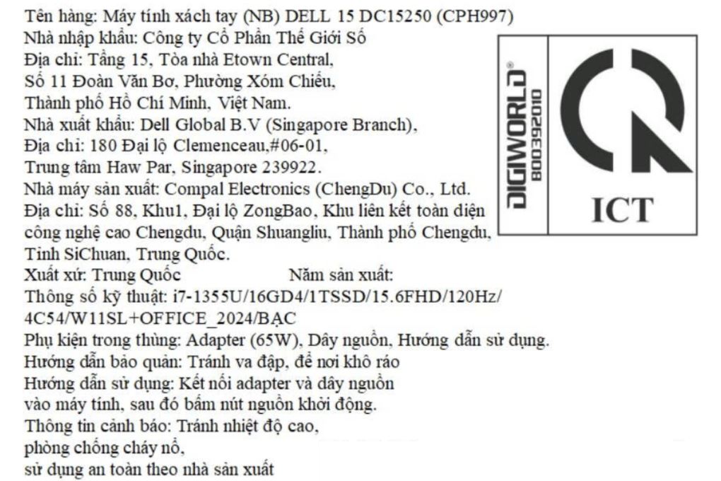 Laptop Dell 15 DC15250 - CPH997 (i7 1355U, 16GB, 1TB, Full HD 120Hz, OfficeH24+365, Win11) Màu Bạc