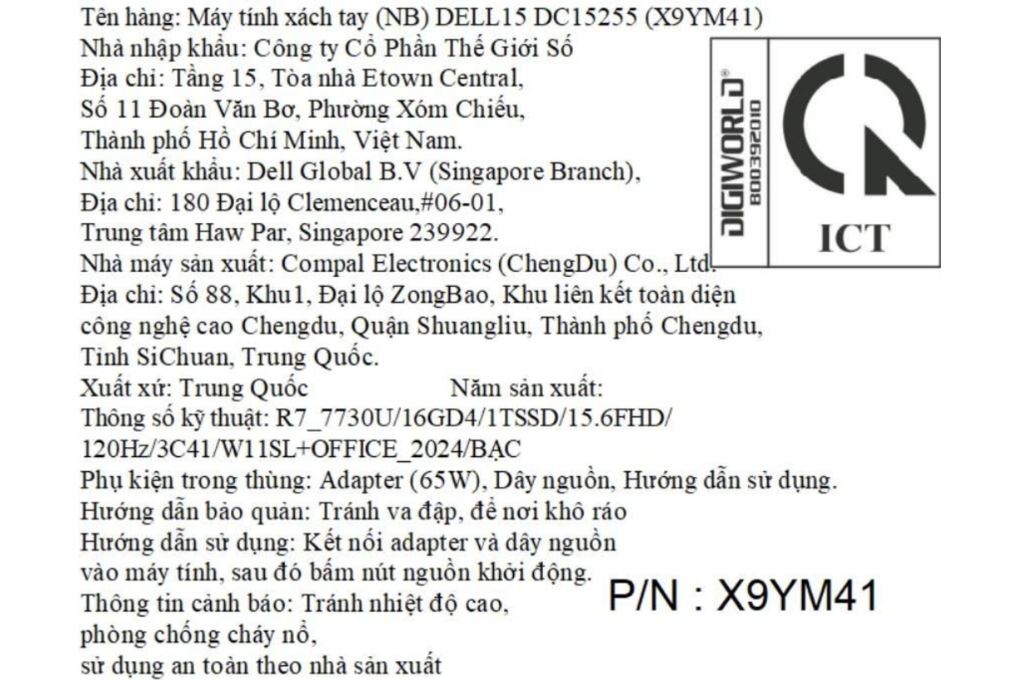 Laptop Dell 15 DC15255 - X9YM41 (R7 7730U, 16GB, 1TB, Full HD 120Hz, OfficeH24+365B, Win11) Màu Bạc