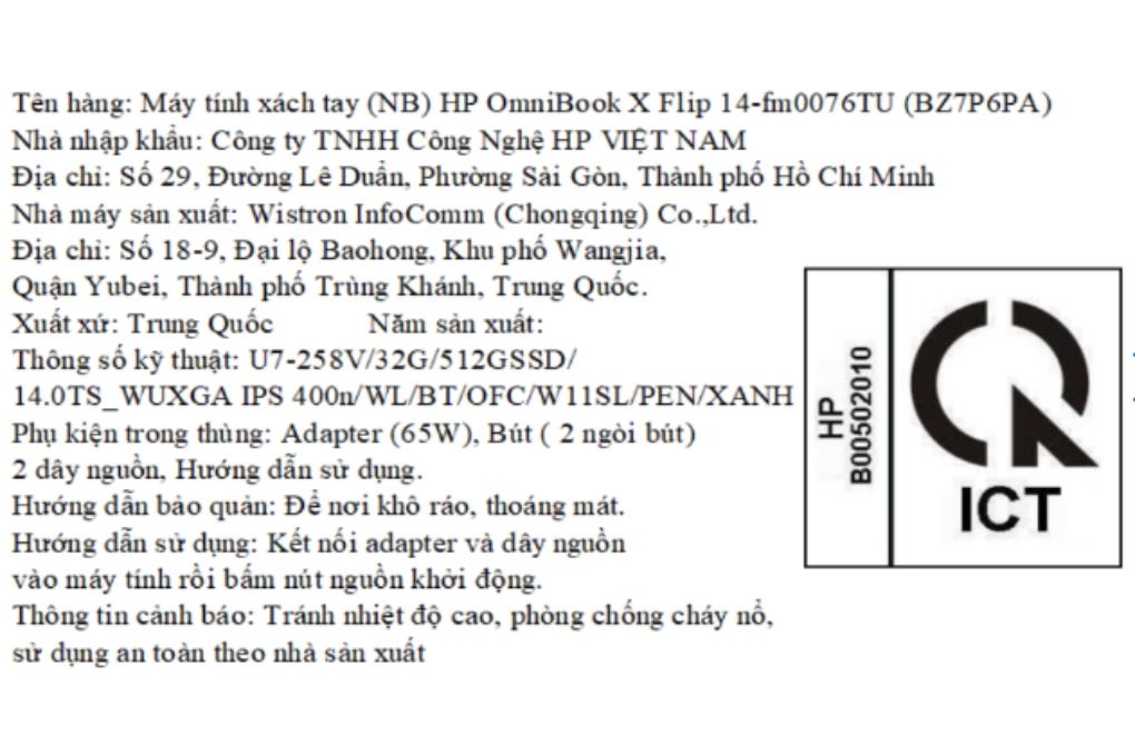 Laptop HP OmniBook X Flip 14 fm0076TU - BZ7P6PA (Ultra 7 258V, 32GB, 512GB, WUXGA, Cảm ứng, OfficeH24, Win11) Màu Xanh