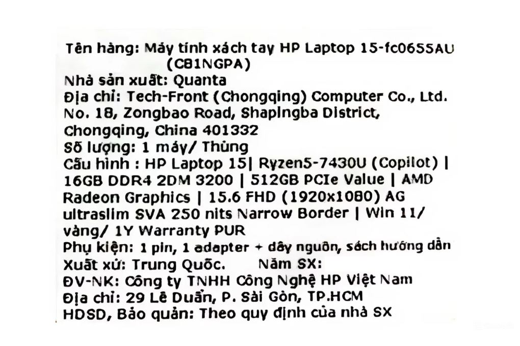 Laptop HP 15 fc0655AU - C81NGPA (R5 7430U, 16GB, 512GB, Full HD, Win11) - 15