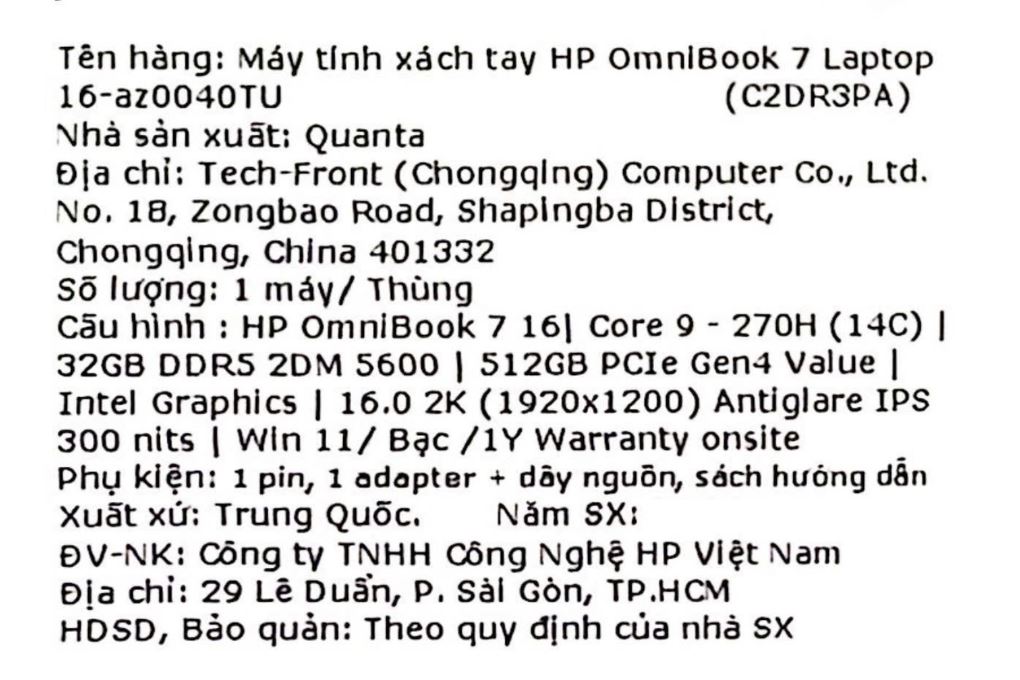 Laptop HP OmniBook 7 16 az0040TU - C2DR3PA (Core 9 270H, 32GB, 512GB, WUXGA, OfficeH24+365, Win11) Màu Bạc