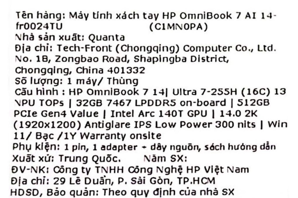 Laptop HP OmniBook 7 14 fr0024TU - C1MN0PA (Ultra 7 255H, 32GB, 512GB, WUXGA, OfficeH24+365B, Win11) Màu Bạc