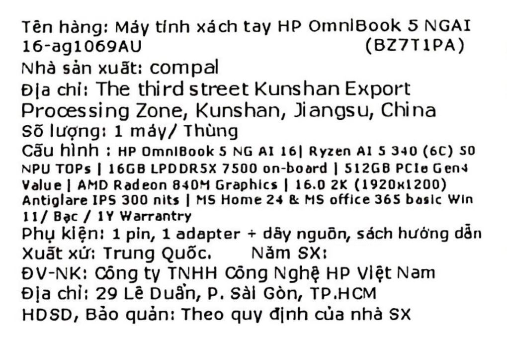 Laptop HP OmniBook 5 16 ag1069AU - BZ7T1PA (R5 AI 340, 16GB, 512GB, WUXGA, OfficeH24+365B, Win11) Màu Bạc