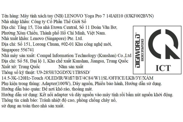 Laptop Lenovo Yoga Pro 7 14IAH10 - 83KF002BVN (Ultra 9 285H, 32GB, 1TB, 3K OLED 120Hz, Cảm ứng, OfficeH24+365, Win11) Màu Xám