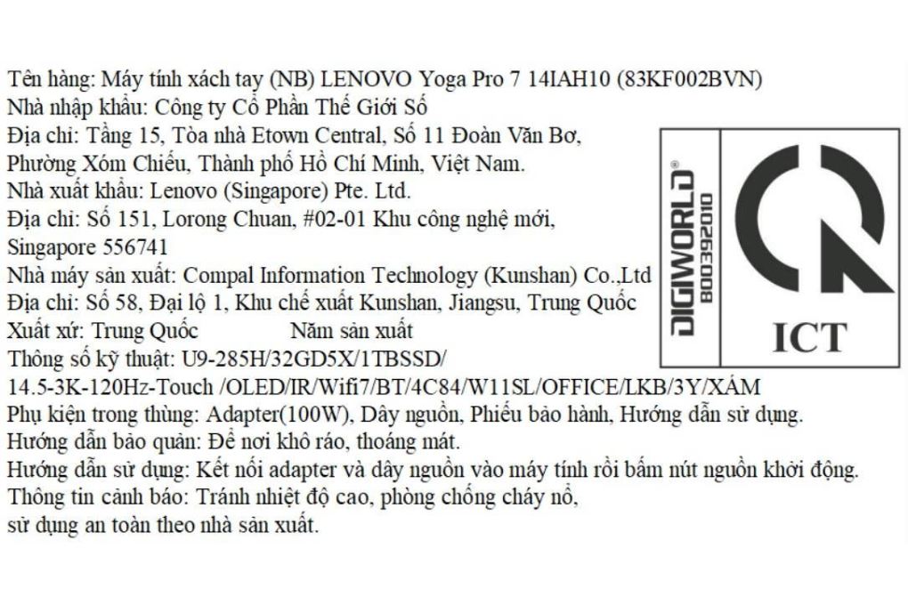 Laptop Lenovo Yoga Pro 7 14IAH10 - 83KF002BVN (Ultra 9 285H, 32GB, 1TB, 3K OLED 120Hz, Cảm ứng, OfficeH24+365, Win11) Màu Xám