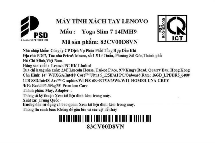 Laptop Lenovo Yoga Slim 7 OLED 14IMH9 - 83CV00D8VN (Ultra 5 125H, 16GB, 1TB, WUXGA OLED, OfficeH24+365, Win11) Màu Xám