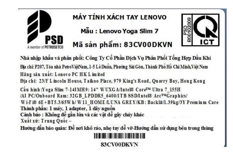 Laptop Lenovo Yoga Slim 7 OLED 14IMH9 - 83CV00DKVN (Ultra 7 155H, 32GB, 1TB, WUXGA OLED, OfficeH24+365, Win11) Màu Xám