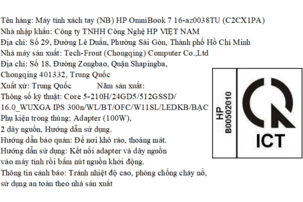 Laptop HP OmniBook 7 16 az0038TU - C2CX1PA (Core 5 210H, 24GB, 512GB, WUXGA, OfficeH24, Win11) Màu Bạc