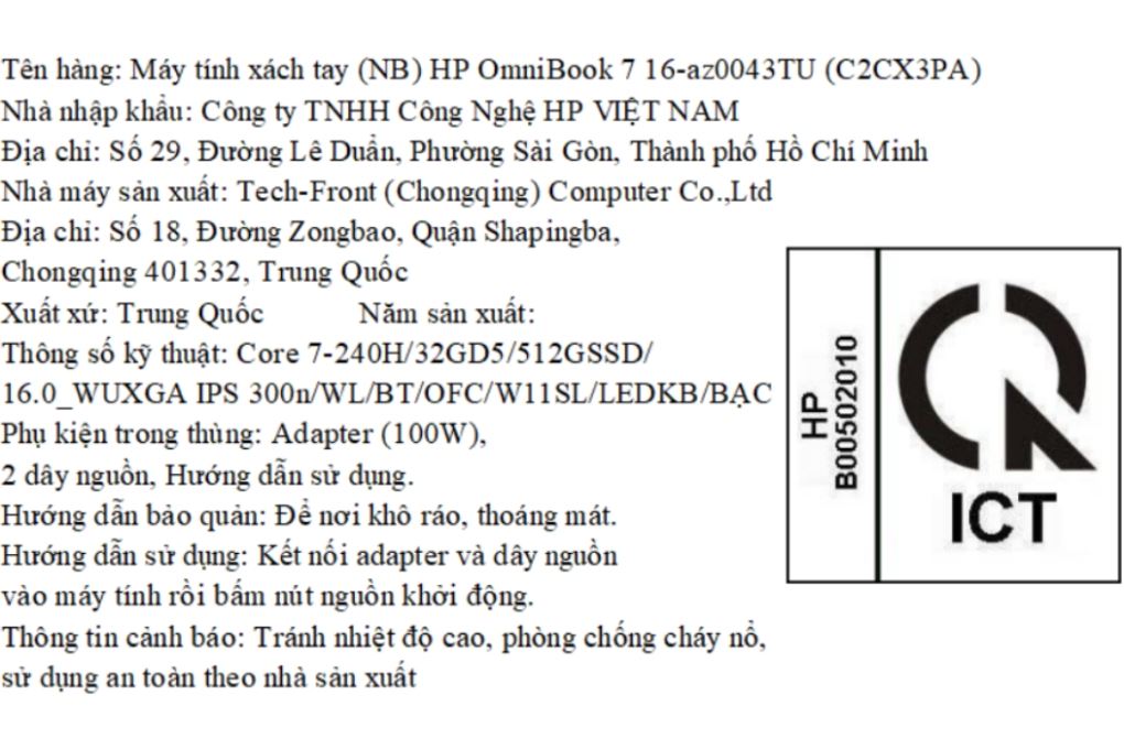 Laptop HP OmniBook 7 16 az0043TU - C2CX3PA (Core 7 240H, 32GB, 512GB, WUXGA, OfficeH24, Win11) Màu Bạc