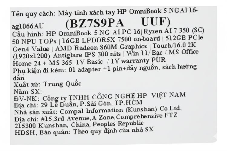 Laptop HP OmniBook 5 16 ag1066AU - BZ7S9PA (R7 Al 350, 16GB, 512GB, WUXGA, Cảm ứng, OfficeH24+365B, Win11) Màu Bạc