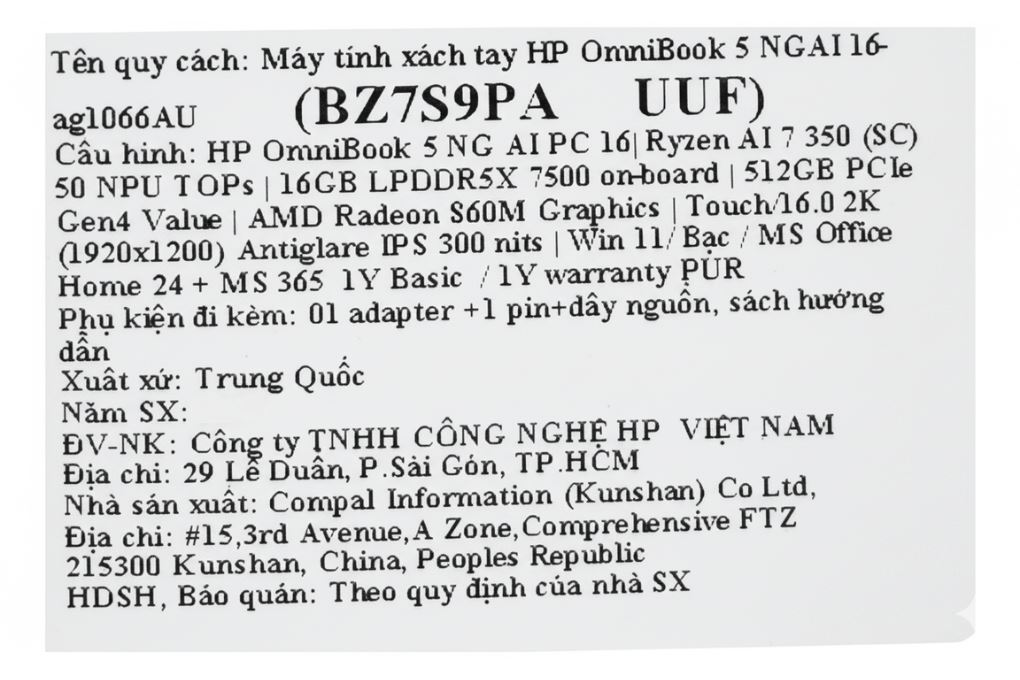 Laptop HP OmniBook 5 16 ag1066AU - BZ7S9PA (R7 Al 350, 16GB, 512GB, WUXGA, Cảm ứng, OfficeH24+365B, Win11) - 5
