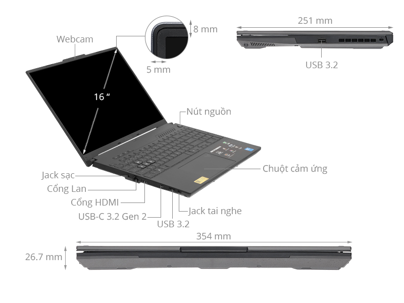 Asus TUF Gaming F16 FX607VJB - RL151W (Core 5 210H, 16GB, 512GB, RTX 3050 6GB, Full HD+, 144Hz, Win11)