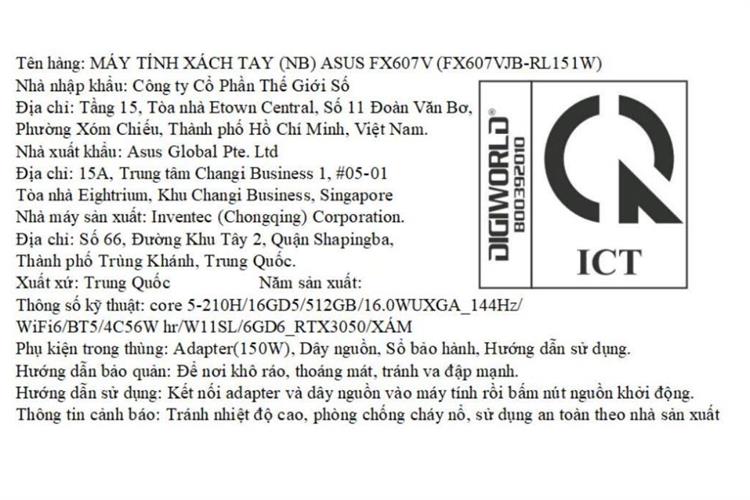 Laptop Asus TUF Gaming F16 FX607VJB - RL151W (Core 5 210H, 16GB, 512GB, RTX 3050 6GB, Full HD+, 144Hz, Win11) Màu Xám