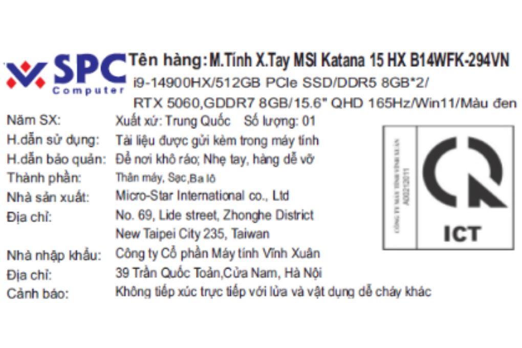 Laptop MSI Gaming Katana 15 HX B14WFK - 294VN (i9 14900HX, 16GB, 512GB, RTX 5060 8GB, QHD, 165Hz, Win11) - 6