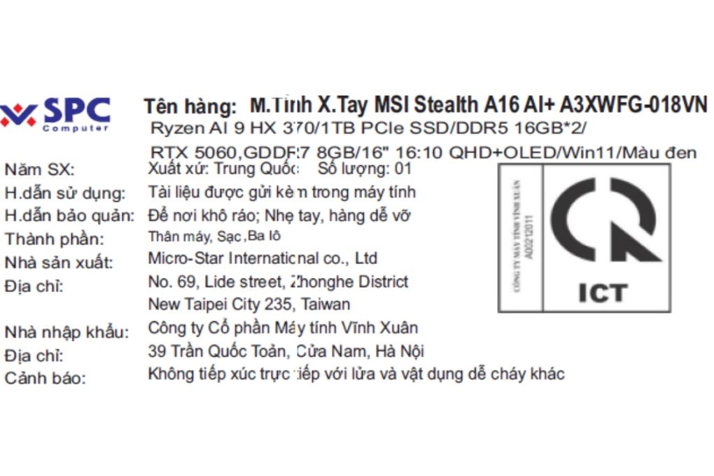 Laptop MSI Gaming Stealth A16 AI+ A3XWFG - 018VN (R9 AI HX 370, 32GB, 1TB, RTX 5060 8GB, QHD+ OLED, 240Hz, Win11) - 6