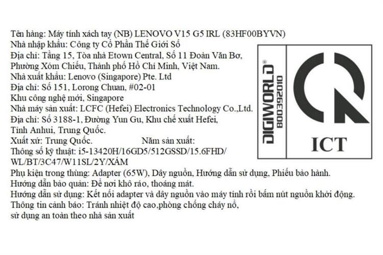 Laptop Lenovo V15 G5 IRL - 83HF00BYVN (i5 13420H, 16GB, 512GB, Full HD, Win11) Màu Xám