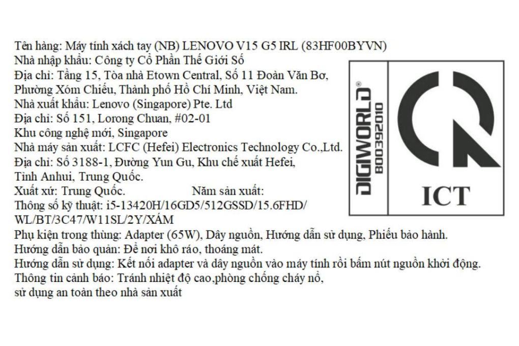 Laptop Lenovo V15 G5 IRL - 83HF00BYVN (i5 13420H, 16GB, 512GB, Full HD, Win11) Màu Xám