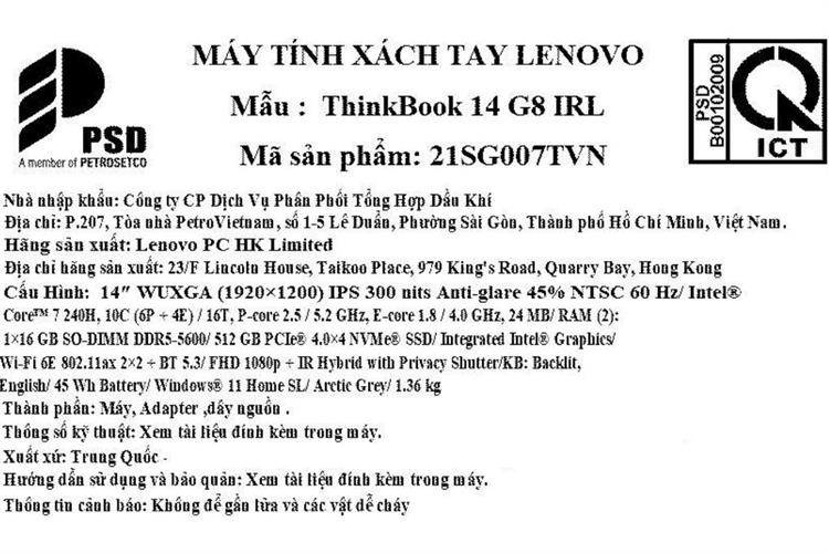 Laptop Lenovo ThinkBook 14 G8 - 21SG007TVN (Core 7 240H, 16GB, 512GB, WUXGA, Win11) Màu Xám