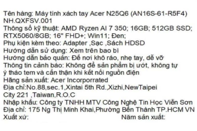 Laptop Acer Gaming Nitro 16 AI ProPanel AN16S 61 R5F4 - NH.QXFSV.001 (R7 AI 350, 16GB, 512GB, RTX 5060 8GB, Full HD+ 180Hz, Win11) Màu Đen