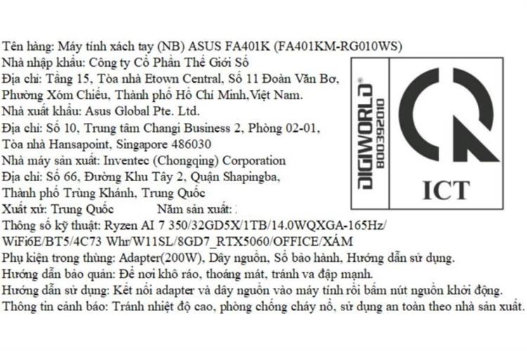 Laptop Asus TUF Gaming A14 FA401KM - RG010WS (R7 AI 350, 32GB, 1TB, RTX 5060 8GB, WQXGA 165Hz, OfficeH24+365B, Win11) Màu Xám