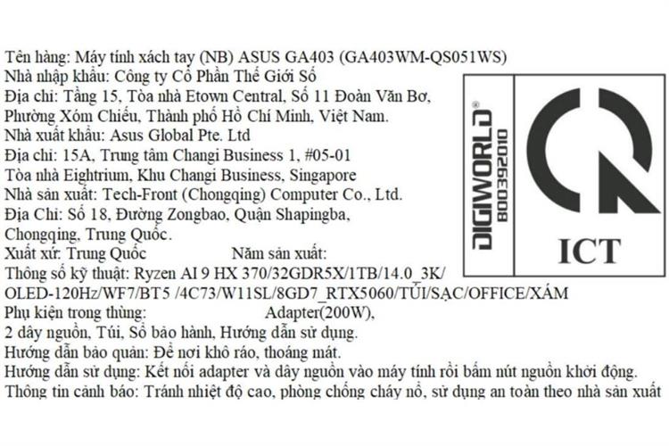 Laptop Asus Gaming ROG Zephyrus G14 GA403WM - QS051WS (R9 AI HX370, 32GB, 1TB, RTX 5060 8GB, 3K OLED 120Hz, OfficeH24+365B, Win11) Màu Xám