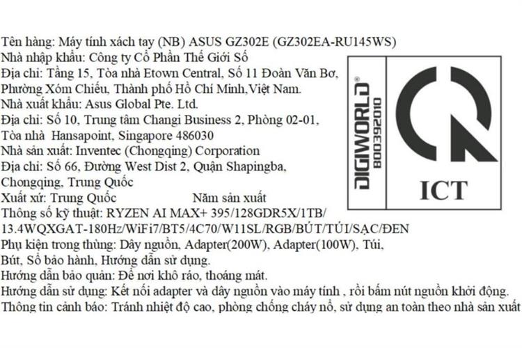 Laptop Asus ROG Flow Z13 GZ302EA - RU145WS (RYZEN AI MAX+ 395, 128GB, 1TB, WQXGA 180Hz, OfficeH24+365B, Win11) Màu Đen