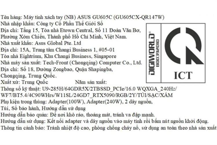 Laptop Asus Gaming ROG Zephyrus G16 GU605CX - QR147W (Ultra 9 285H, 64GB, 2TB, RTX 5090 24GB, WQXGA OLED 240Hz, Win11) Màu Xám