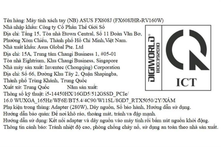 Laptop Asus TUF Gaming F16 FX608JHR - RV160W (i5 14450HX, 16GB, 512GB, RTX 5050 8GB, WUXGA 165Hz, Win11) Màu Xám