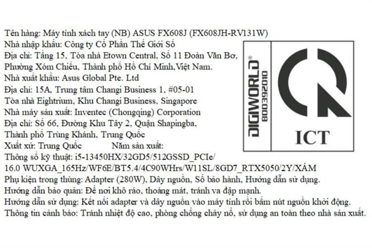 Laptop Asus TUF Gaming F16 FX608JHR - RV131W (i5 13450HX, 32GB, 512GB, RTX 5050 8GB, WUXGA 165Hz, Win11) Màu Xám