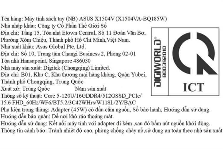 Laptop Asus Vivobook 15 X1504VA - BQ185W (Core 5 120U, 16GB, 512GB, Full HD, Win11) Màu Bạc