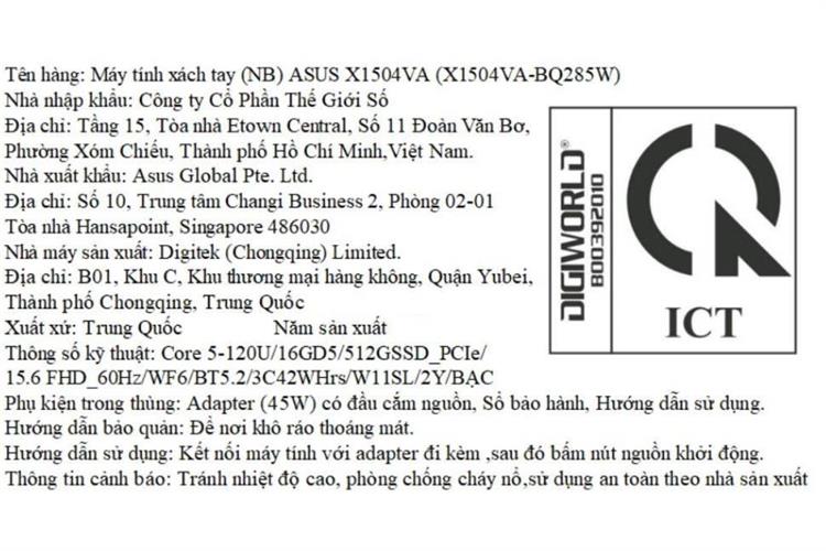 Laptop Asus Vivobook 15 X1504VA - BQ285W (Core 5 120U, 16GB, 512GB, Full HD, Win11) Màu Bạc