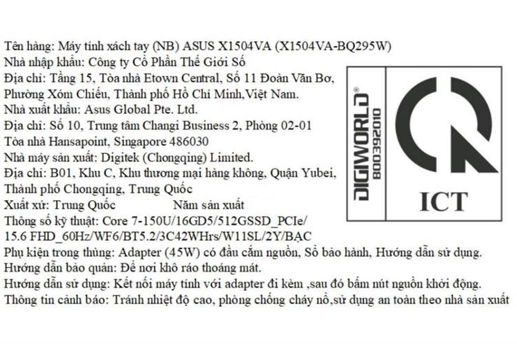 Laptop Asus Vivobook 15 X1504VA - BQ295W (Core 7 150U, 16GB, 512GB, Full HD, Win11) Màu Bạc